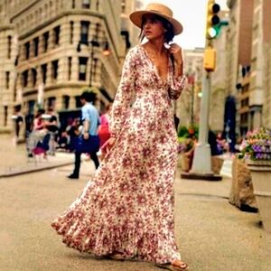 Floral Deep V Long Sleeve Flared Bohemian Beach Maxi Dress